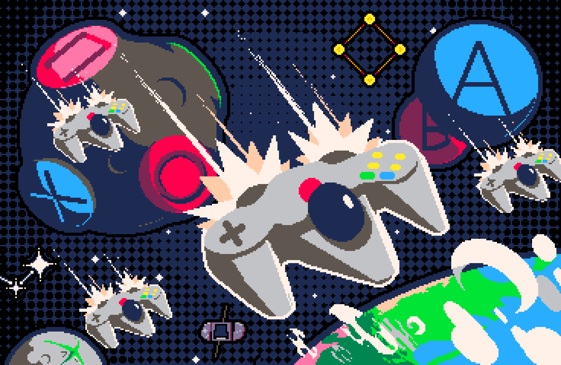 Pixel-art hitchhiker travelling through space